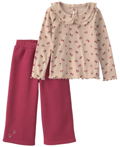 Carter's Babies' Toddler Girls' 2t-5t Long-sleeve Wide-leg Floral-print Top And Pants, 2-piece Set In Pink,red