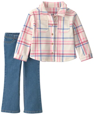 Carter's Babies' Toddler Girls' 2t-5t Plaid Flare-leg Button-front Long-sleeve Top And Denim Pants Set In Cream,blue