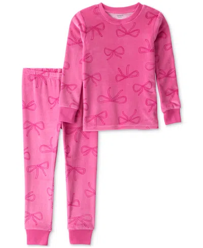 Carter's Babies' Toddler Girls Bow-print Velour Long-sleeve 2-piece Pajamas In Pink