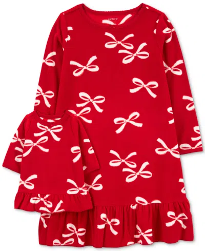 Carter's Babies' Toddler Girls Bows Holiday Nightgown & Match Doll Nightgown, 2 Piece Set In Red