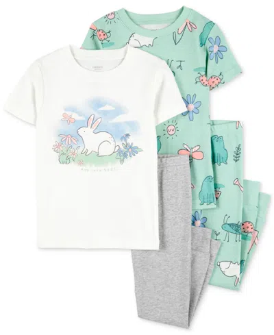 Carter's Babies' Toddler Girls Bunny Cotton Pajamas, 4-piece Set In White,green