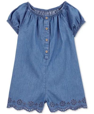 Carter's Babies' Toddler Girls Button-front Cotton Chambray Romper In Med Blue