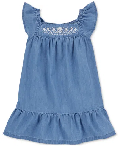 Carter's Babies' Toddler Girls Embroidered Chambray Dress In Med Blue