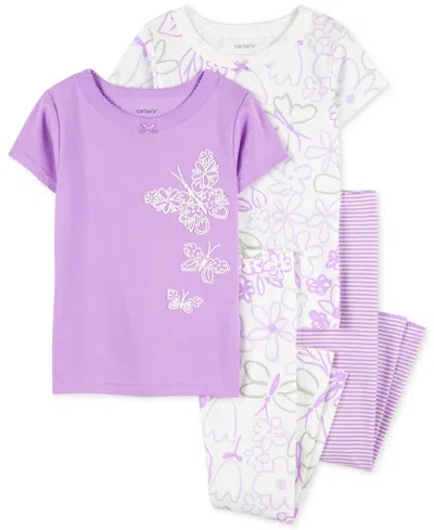 Carter's Babies' Toddler Girls Floral Butterfly Cotton Pajamas, 4-piece Set In Purple