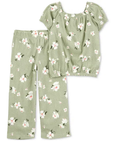 Carter's Babies' Toddler Girls Floral-print Top & Pull-on Pants, 2-piece Set In Green