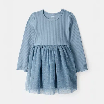 Carter's Babies' Toddler Girls Floral Tutu Long Sleeve Fitted A-line Dress In Blue