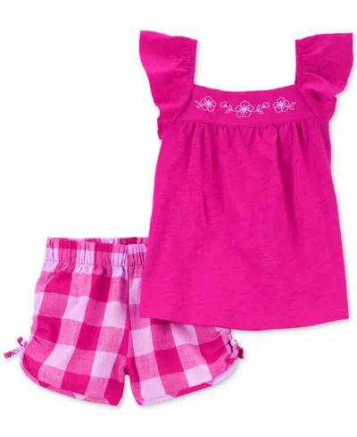 Carter's Babies' Toddler Girls Flutter-sleeve Top & Gingham Shorts, 2 Piece Set In Pink