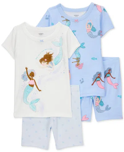 Carter's Babies' Toddler Girls Mermaid-print Snug-fit Cotton Pajamas, 4 Piece Set In White,grey,blue