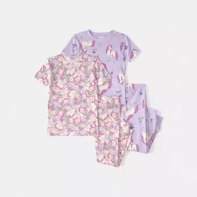 Carter's Baby Girls' Unicorn Floral Print Short-sleeve T-shirt And Snug-fit Pajama, 4-piece Set In Multi