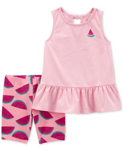 Carter's Babies' Toddler Girls Striped Watermelon Top & Bike Shorts, 2 Piece Set In Pink