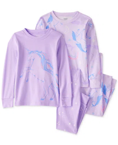 Carter's Babies' Toddler Girls Unicorn-print Snug-fit Cotton Pajamas, 4 Piece Set In Purple