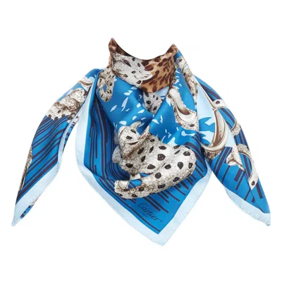 Pre-owned Cartier 100% Silk Blue Grey Panther Leopard Ring Print Square Scarf In Gray