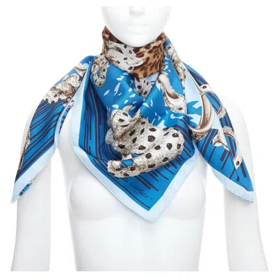 Pre-owned Cartier 100% Silk Blue Grey Panther Leopard Ring Print Square Scarf In Gray