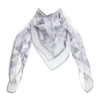 Pre-owned Cartier 100% Silk Grey Sheer Diamond Cuts Print Square Scarf In Gray