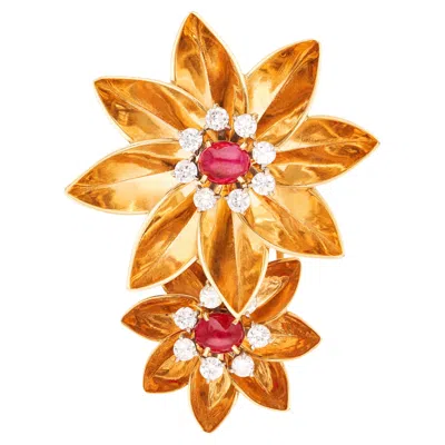 Pre-owned Cartier 14k Rose Gold Diamond And Cabochon Ruby Flower Brooch In Red