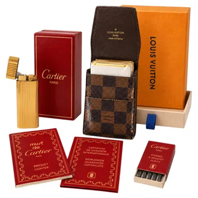 Pre-owned Cartier 18ct Gold Plated Godron Lighter & Leather Louis Vuitton Cigarette Case In Red