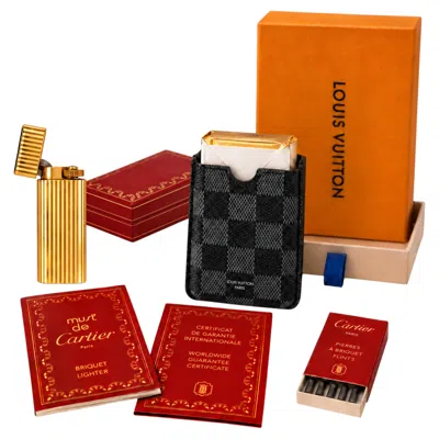 Pre-owned Cartier 18ct Gold Plated Godron Lighter & Leather Louis Vuitton Cigarette Case In Red