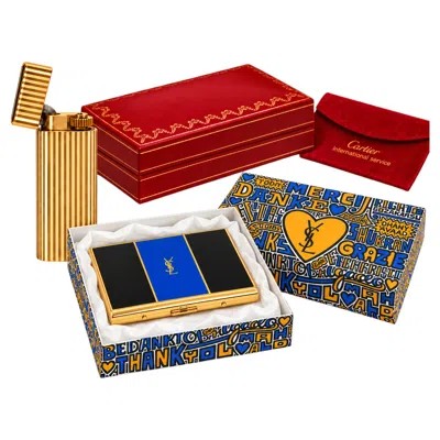 Pre-owned Cartier 18ct Gold Plated Godron Lighter & Yves St Laurent Cigarette Case & Boxes In Red