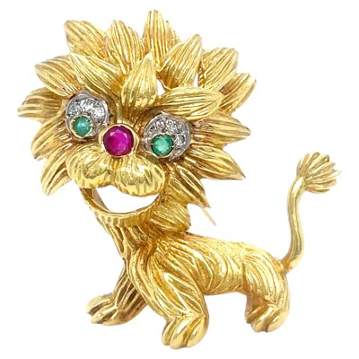 Pre-owned Cartier 18k Gold Emerald, Ruby And Diamond Lion Dragon Brooch Vintage In Multiple