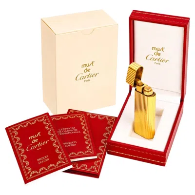 Pre-owned Cartier 18k Gold Plated Godron Ribbed Pocket Cigarette Lighter &  Box In White