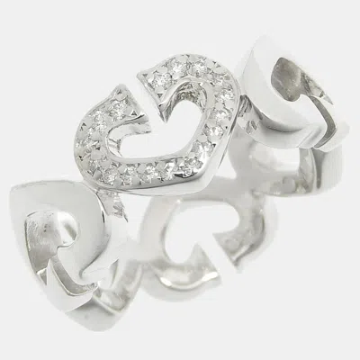 Pre-owned Cartier 18k White Gold And Diamond Heart C Band Ring Eu 47