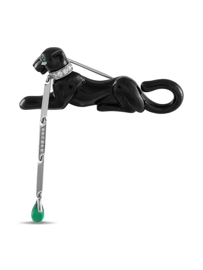 Pre-owned Cartier 18k White Gold Panther Diamond And Emerald Brooch In Black