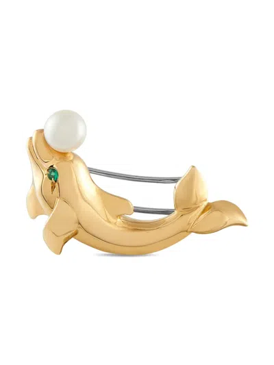 Pre-owned Cartier 18k Yellow Gold Dolphin-shaped Pearl Brooch