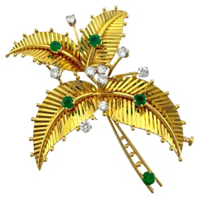 Pre-owned Cartier 18k Yellow Gold Mid Century Diamond Emerald Palm Flower Tree Brooch