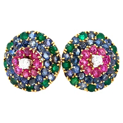 Pre-owned Cartier 18k Yellow Gold Ruby, Sapphire, Emerald, And Diamond Huggie Ear Clips