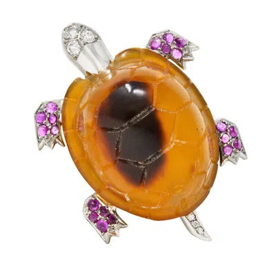 Pre-owned Cartier 1950's  Ruby Diamond Platinum 18 Karat Yellow Gold Vintage Turtle Brooch