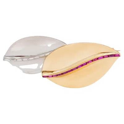 Pre-owned Cartier 1950's Diamond Ruby 18 Karat Two-tone Gold Vintage Leaf Brooch In Multi
