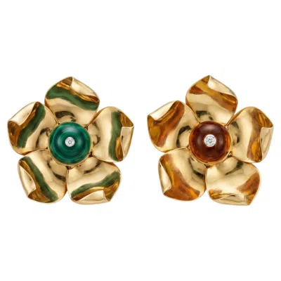 Pre-owned Cartier 1950s  Malachite And Citrine Flower Brooches In Multiple