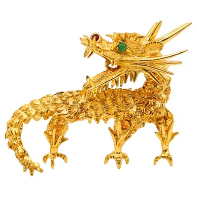 Pre-owned Cartier 1970 Sculpted Dragon Brooch In 18kt Yellow Gold With Rubies And Emerald