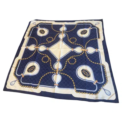Pre-owned Cartier 1990sn Vintage Blue, Gold And White Silk Carr� Scarf By