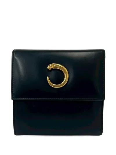 Pre-owned Cartier 2010-2026 Leather Panther Trifold Wallet Small Wallets In Black