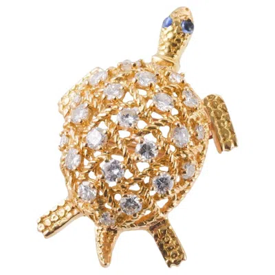 Pre-owned Cartier Adorable Diamond Sapphire Gold Turtle Brooch In Blue