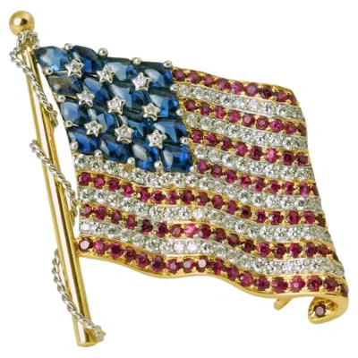 Pre-owned Cartier American Flag Diamond Ruby Sapphire 18k Gold Pin Brooch Circa 1980s In Blue