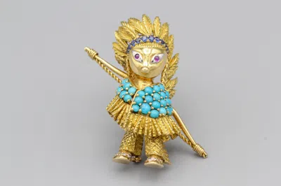 Pre-owned Cartier American Indian Hunter Turquoise Diamond Ruby Sapphire 18k Gold Brooch In Blue