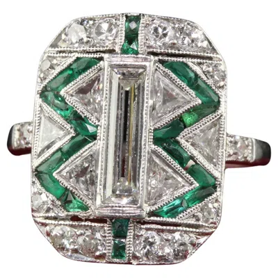 Pre-owned Cartier Antique Art Deco  Old Baguette Diamond And Emerald Cocktail Ring In Green