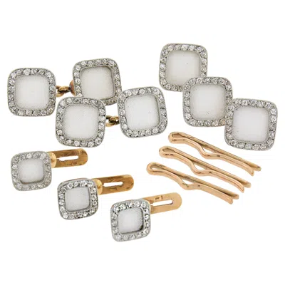 Pre-owned Cartier Antique Edwardian Linen Enamel & Diamond Cufflinks And Studs Set W/ Box In Multi