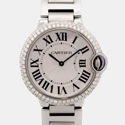 Pre-owned Cartier Ballon Bleu 36mm 3005 Quartz Custom Diamond Bezel Silver Dial Steel Wristwatch