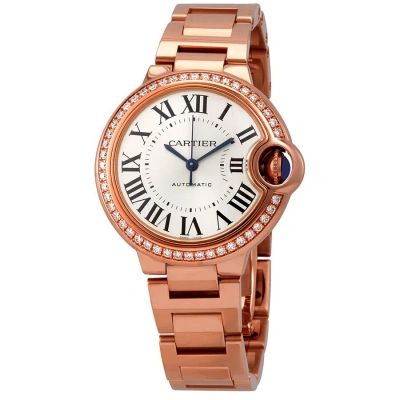 Cartier Ballon Bleu Silver Dial Automatic Ladies 18kt Rose Gold Diamond Watch Wjbb0036