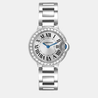 Pre-owned Cartier Ballon Bleu White Gold Diamond Bezel Ladies Watch 28 Mm In Silver