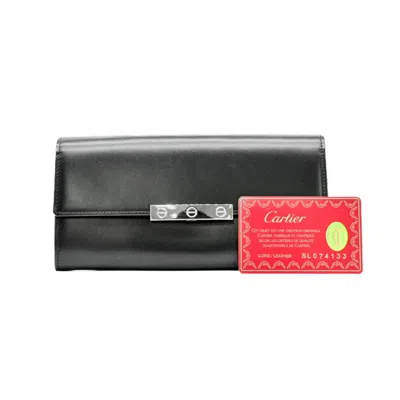 Pre-owned Cartier Black Leather Long Wallet (bi-fold) ()