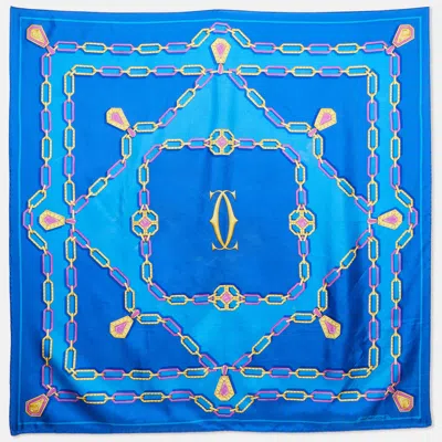 Pre-owned Cartier Blue Printed Silk Sqaure Scarf