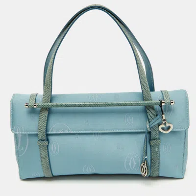 Pre-owned Cartier Blue Satin And Karung Leather Trimmed Happy Birthday Cabochon Flap Bag