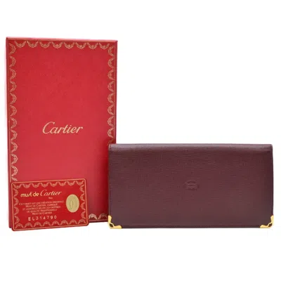 Pre-owned Cartier Bordeaux Red Color Leather Long Wallet (bi-fold) ()