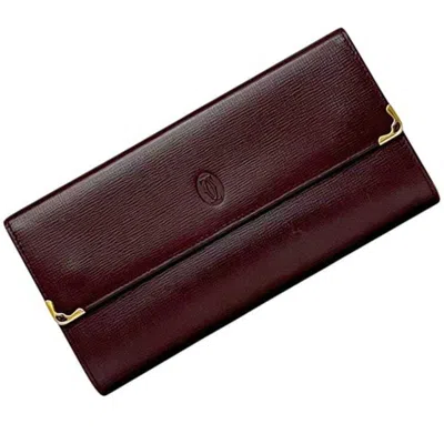 Pre-owned Cartier Bordeaux Wine Red Leather Long Wallet (tri-fold) () In Burgundy