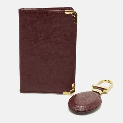 Pre-owned Cartier Burgundy Leather Card Case With Leather Key Ring