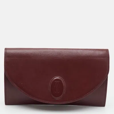 Pre-owned Cartier Burgundy Leather Oval Emblem Flap Clutch